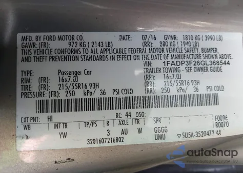 2016 Ford Focus Se z USA, uszkodzony, nr VIN 1FADP3F26GL368544